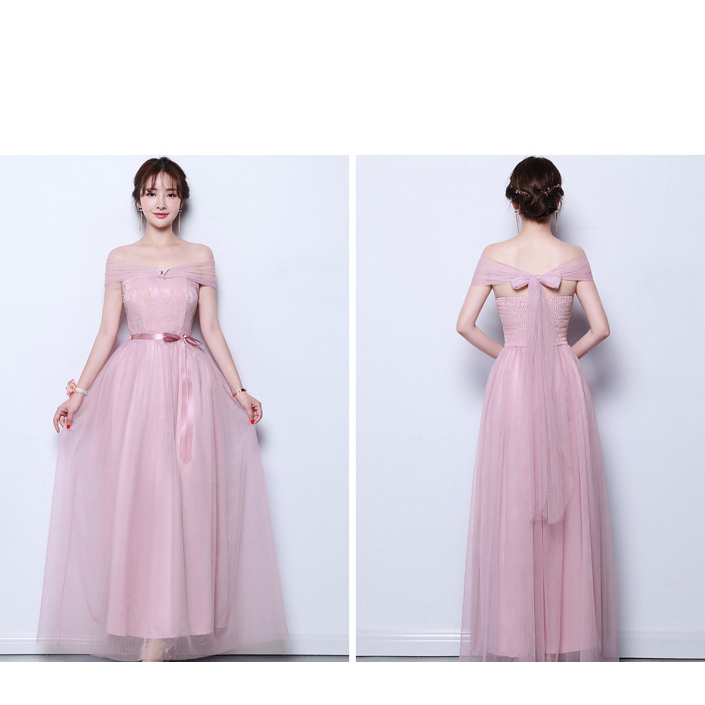 ชุดราตรียาวสีชมพู เปิดไหล่ผูกโบว์หลังน่ารักๆ กระโปรงยาวทรงบาน