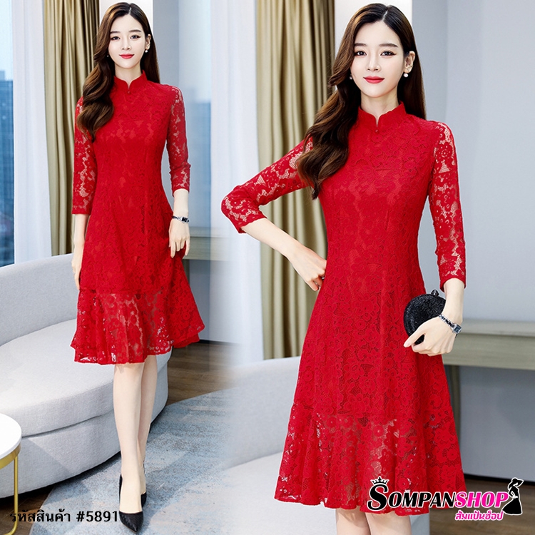 ชุดเดรสสั้นสีแดงสไตล์ชุดกี้เพ้า คอจีน แขนยาว