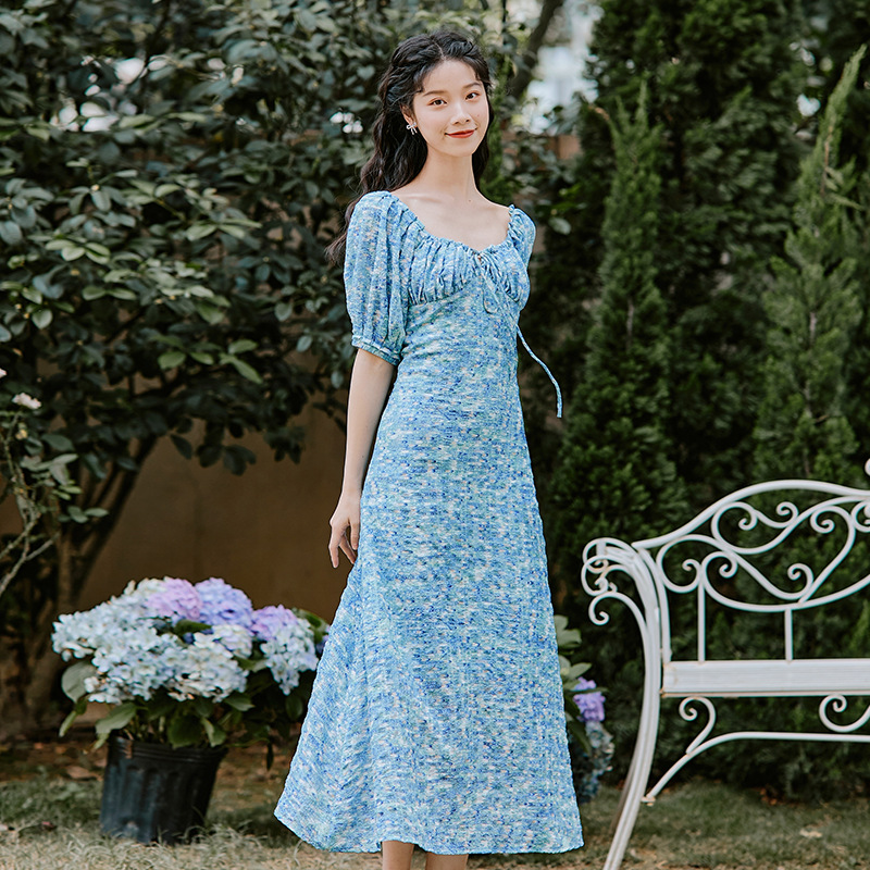 ชุดเดรสยาวสีฟ้า แขนจั๊มตุ๊กตา สวยๆ น่ารักๆ ใส่เป็นชุดเดรสลำลอง ชุดใส่เที่ยวทะเล