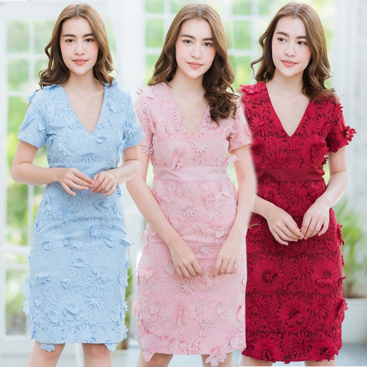 ชุดเดรสสั้นลูกไม้ดอกนูน เดรสทรงสอบ เรียบหรู สวยหวาน ( สี : ชมพู,ฟ้า,แดง )