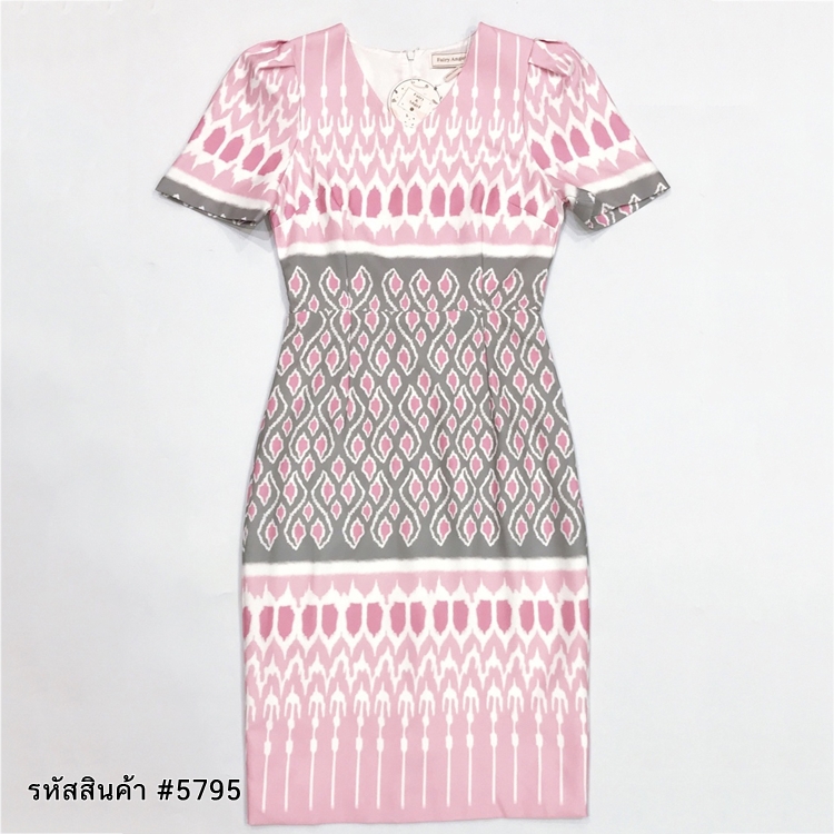 ชุดเดรสสั้นสีชมพู พิมพ์ลายไทย ทรงเอ แขนสั้น