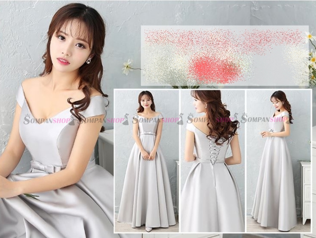 ชุดราตรียาวสีเทา คอวี เปิดไหล่ เอวโบว์ กระโปรงยาว : พร้อมส่ง