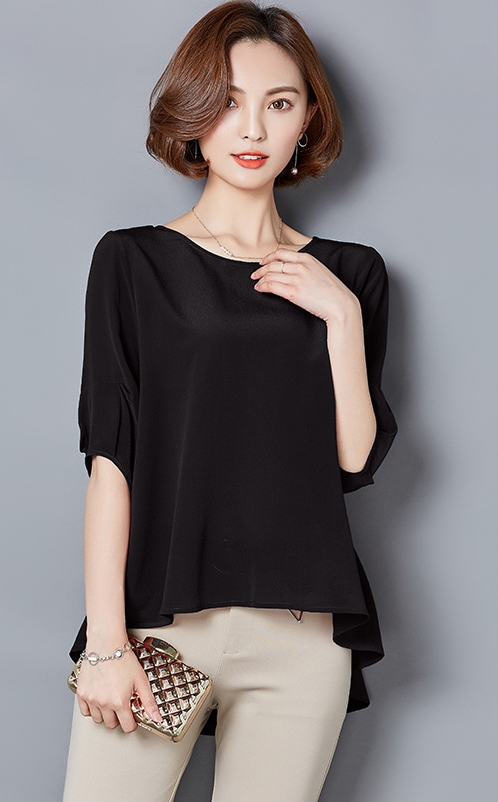 เสื้อเชิ้ตผู้หญิงแฟชั่นสีดำ แขนสั้น ทรงปล่อย