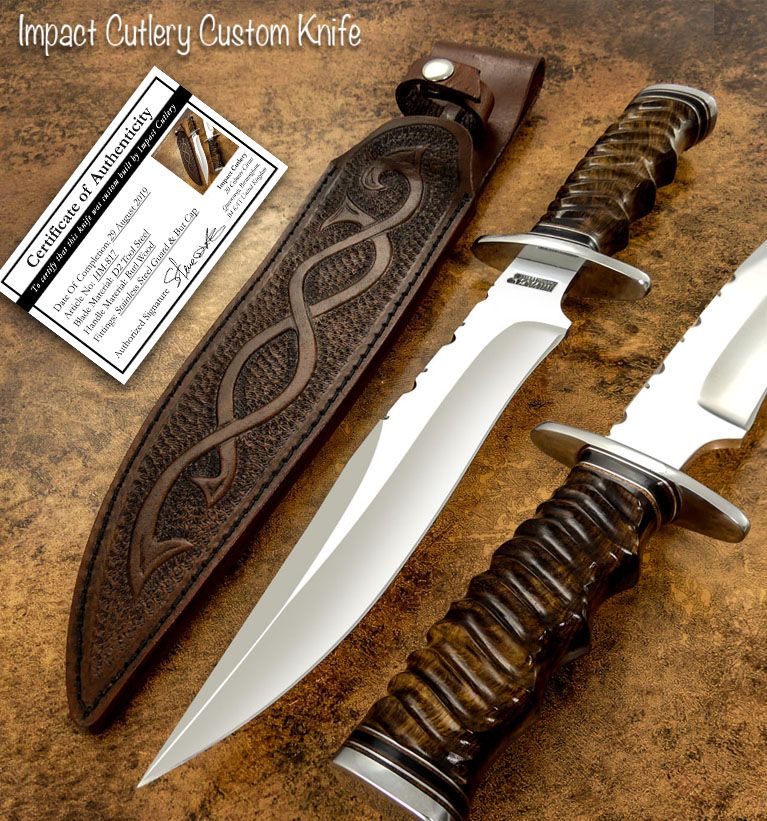 IMPACT CUTLERY RARE CUSTOM D2 MIRROR POLISHED BOWIE KNIFE BURL WOOD HANDLE