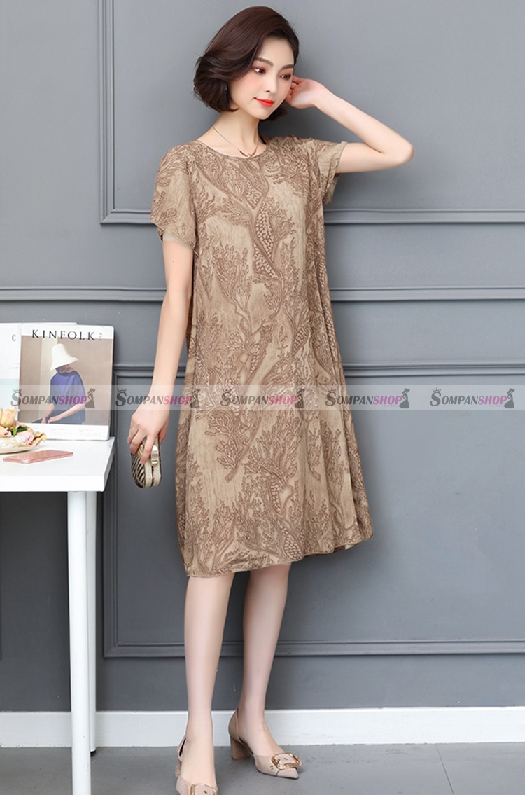 SALE ชุดเดรสสั้นสีน้ำตาล ทรงปล่อย ผ้าชีฟอง ลุคเรียบๆ สวยดูดี สวมใส่ได้หลายโอกาส