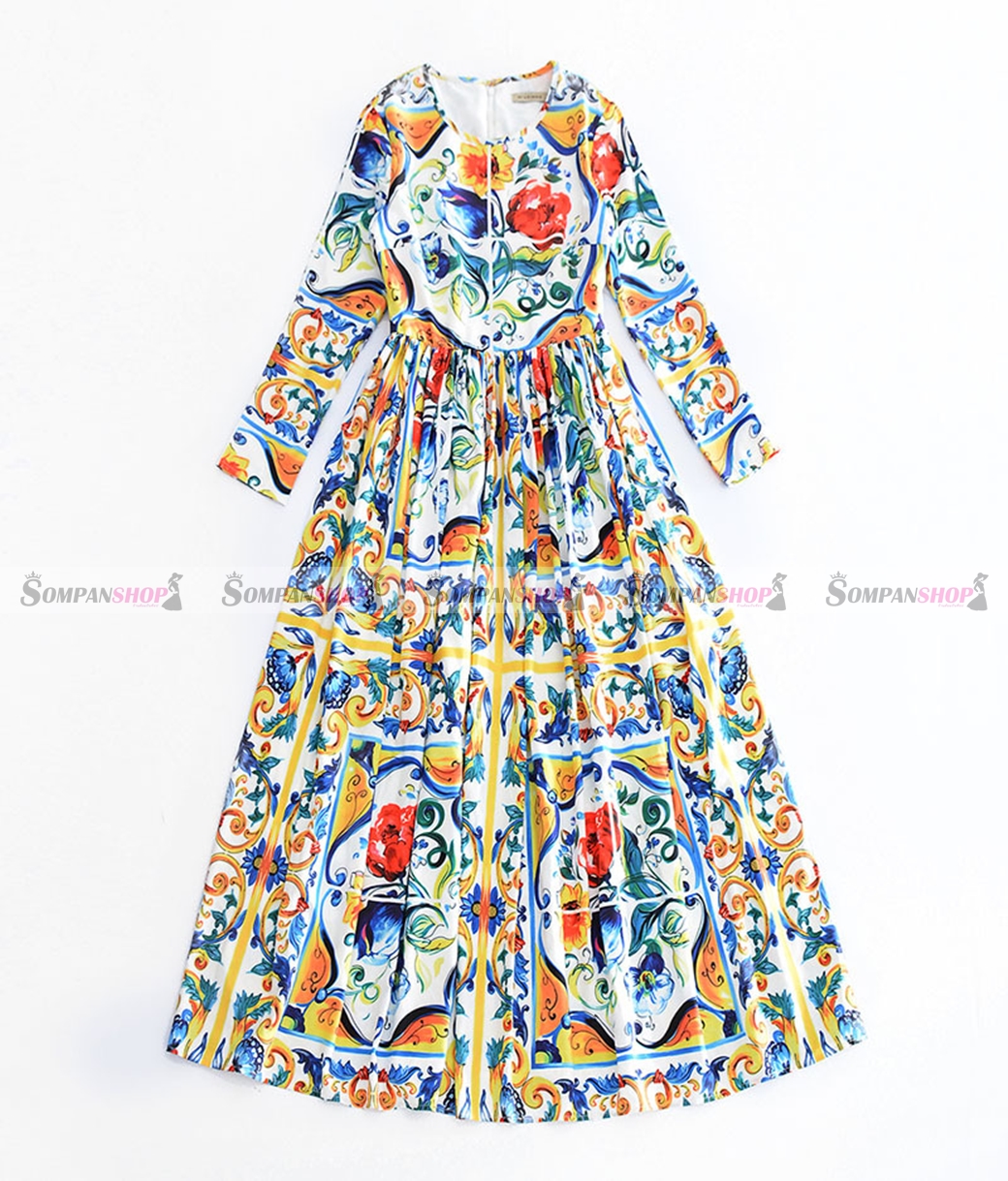 ชุดเดรสยาวพิมพ์ลายสวยเก๋ คอกลม แขนยาว กระโปรงยาวทรงปล่อย