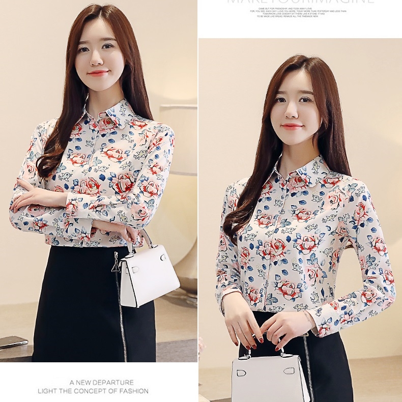 เสื้อเชิ้ตผู้หญิงสีขาว แขนยาว ผ้าชีฟอง ลายดอกไม้ คอปก กระดุมหน้า