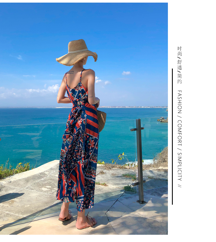 ชุดไปทะเล เดรสเที่ยวทะเล เดรสยาวสีน้ำเงินพิมพ์ลายโบฮีมเียน แฟชั่นแต่งตัวไปทะเลน่ารักๆ