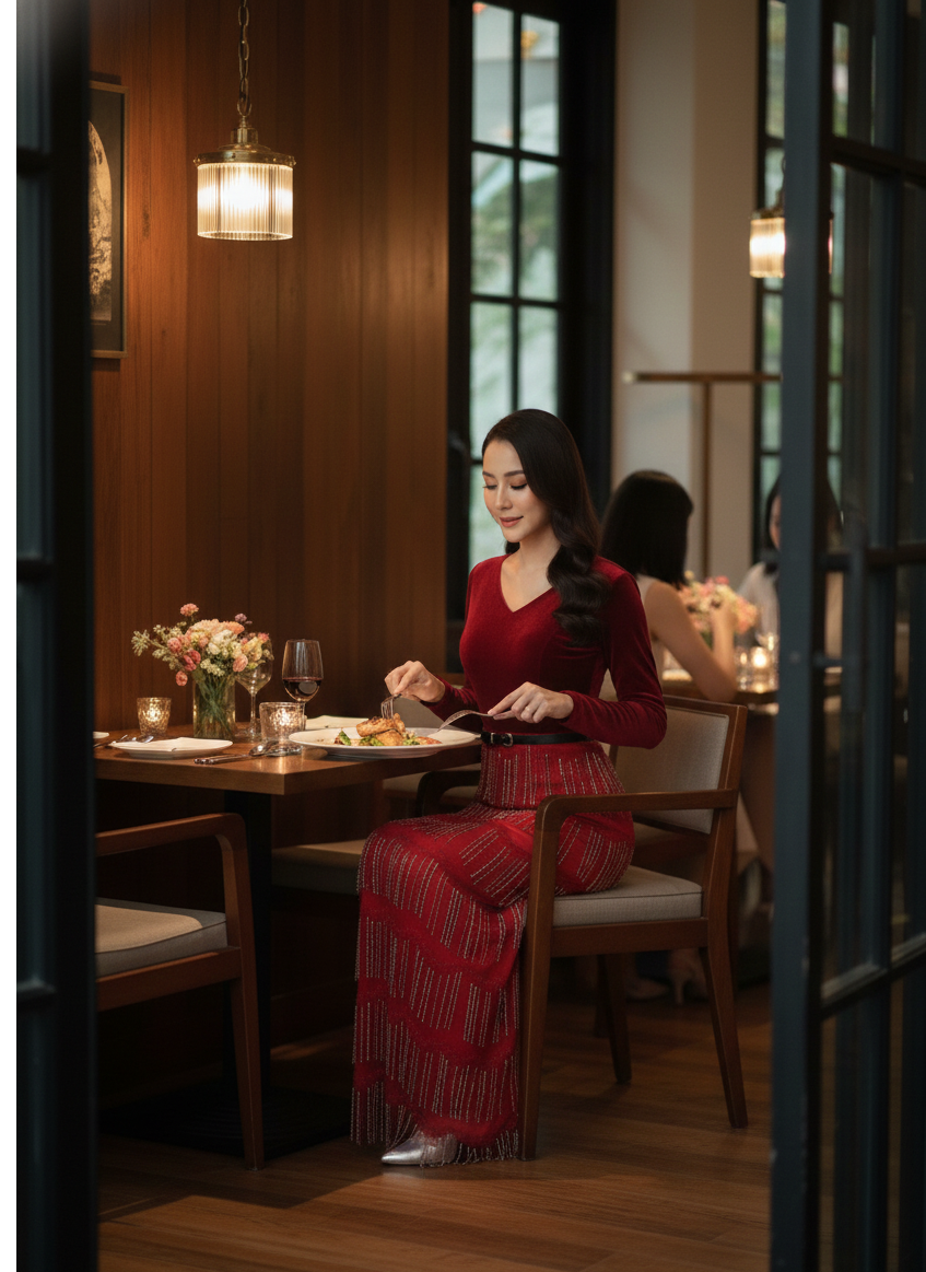 ชุดราตรียาวสีแดง ชุดแม่เจ้าสาว งานราตรี ชุดไปงานแต่งงาน