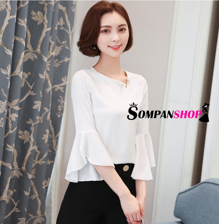 เสื้อเชิ้ตผู้หญิงสีขาว แขนยาวแต่งระบาย ผ้าชีฟอง