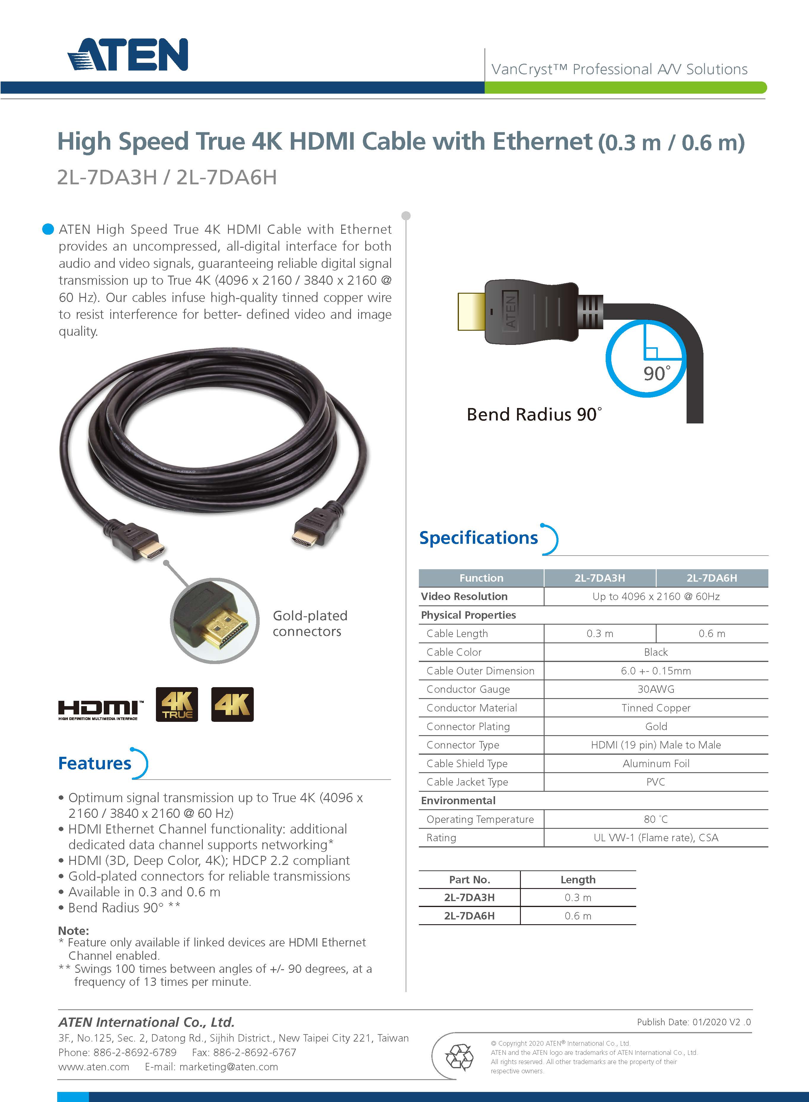 ATEN : 2L-7DA6H High Speed HDMI Cable with Ethernet 0.6m ความยาว 0.6 เมตร