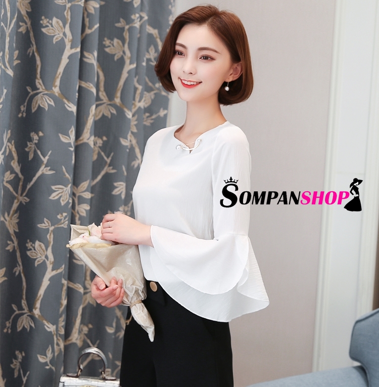 เสื้อเชิ้ตผู้หญิงสีขาว แขนยาวแต่งระบาย ผ้าชีฟอง
