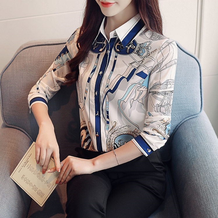 เสื้อเชิ้ตผู้หญิงสีขาวลายเรือสวยเก๋ คอปก แขนยาว กระดุมหน้า