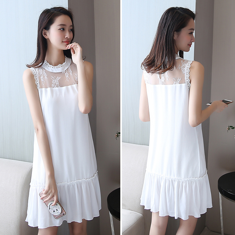 ชุดเดรสสั้นสีขาว แขนกุด ทรงปล่อย สวยน่ารัก แฟชั่นสไตล์เกาหลี