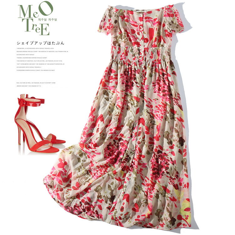 ชุดเดรสเที่ยวทะเลลายดอกไม้สีแดง เปิดไหล่ กระโปรงยาวทรงบาน