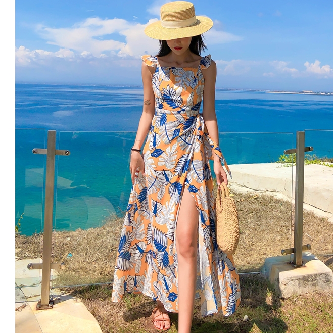 ชุดไปทะเล เดรสเที่ยวทะเล เดรสยาวสีเหลืองพิมพ์ลายสวยๆ เก๋ๆ แฟชั่นแต่งตัวไปทะเลน่ารักๆ