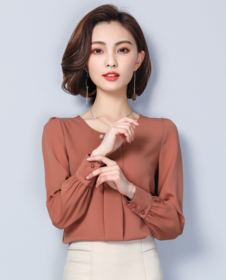 เสื้อทำงานผู้หญิงสีน้ำตาล จับจีบแถบด้านหน้า แขนยาว ทรงปล่อย