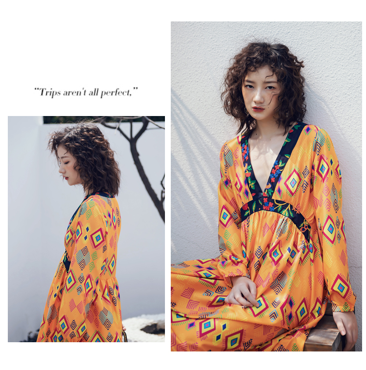 ชุดเดรสยาวสีเหลืองลายโบฮีเมียน แฟชั่นเที่ยวทะเลสวยๆ ชุดเดินเล่นริมทะเล