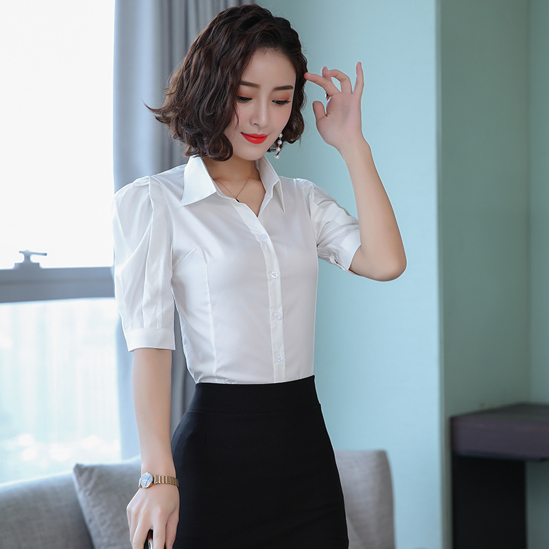 เสื้อเชิ้ตทำงานผู้หญิงสีขาวแขนสั้นผู้หญิง กระดุมหน้า ผ้าชีฟอง