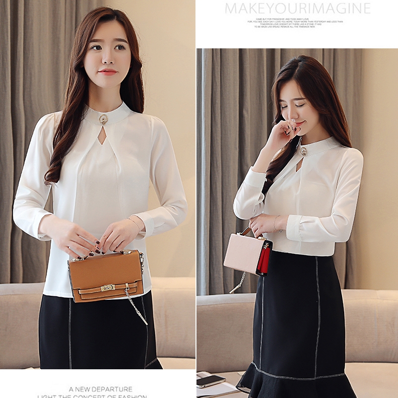 เสื้อเชิ้ตผู้หญิงสีขาว คอกลม แขนยาว ผ้าชีฟอง