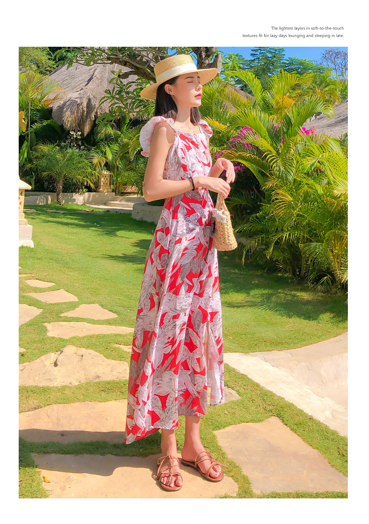 ชุดไปทะเล เดรสเที่ยวทะเล เดรสยาวสีแดงพิมพ์ลายสวยๆ เก๋ๆ