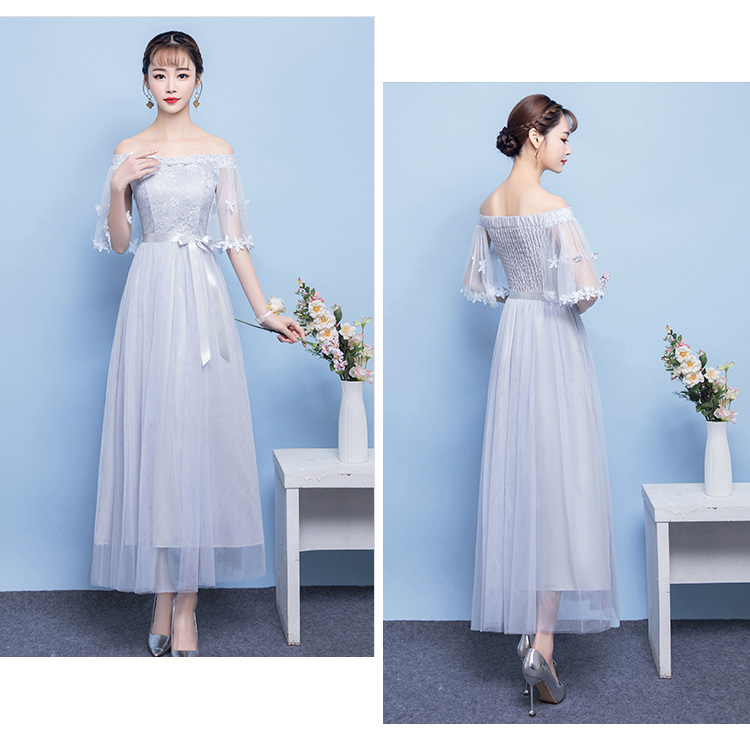 Sale ชุดออกงานราตรียาวสีเทา เปิดไหล่ แขนระบายปักดอกไม้น่ารักๆ