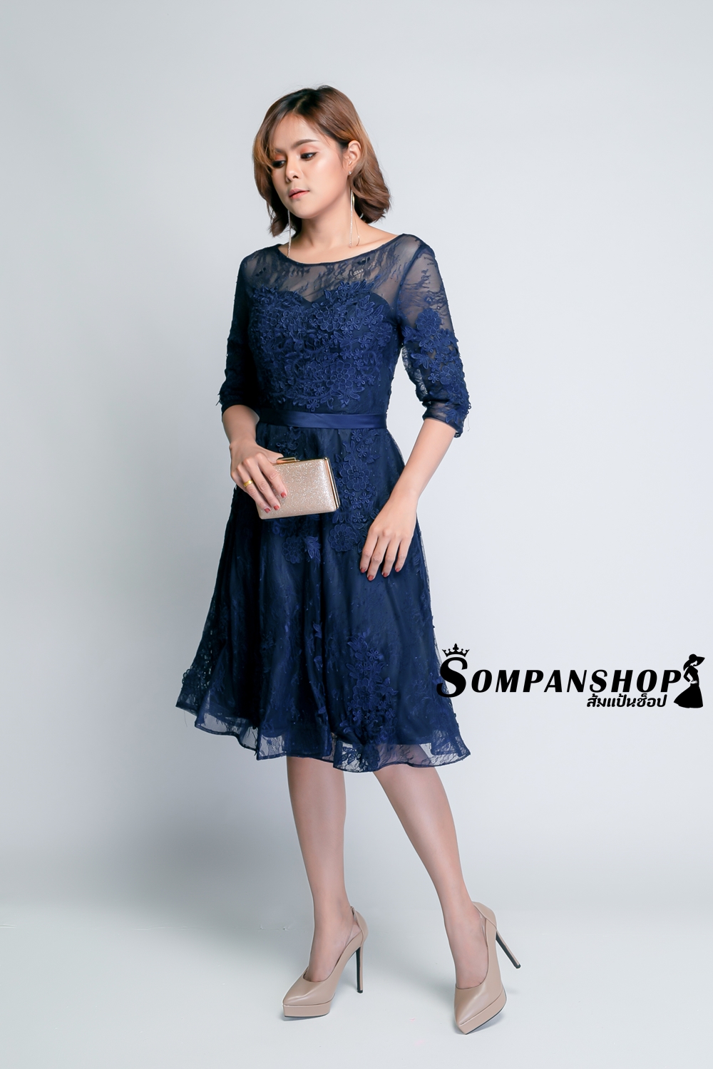 ชุดเดรสออกงานราตรีสั้นสีน้ำเงินกรมท่า ผ้าลูกไม้