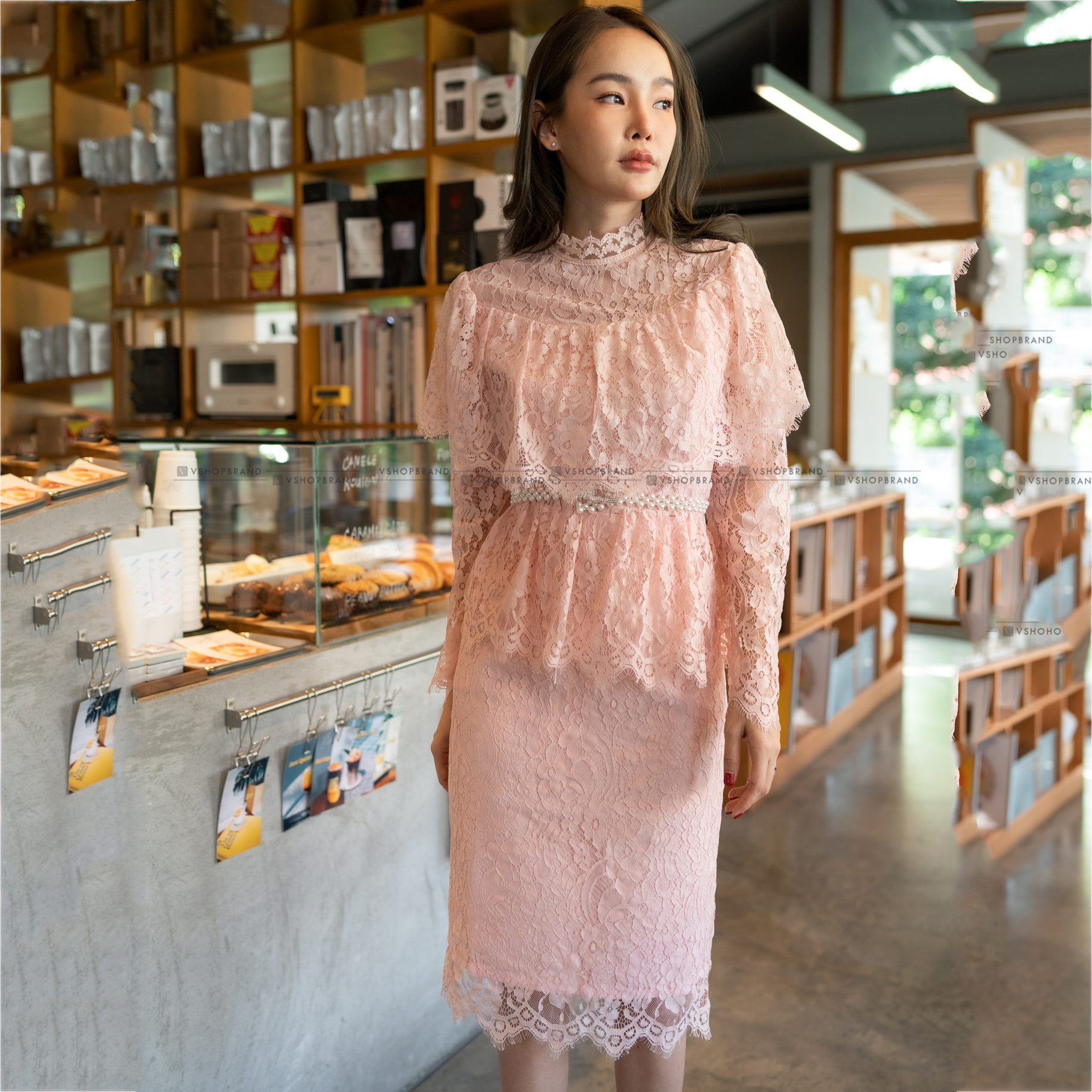 พร้อมส่ง !! ชุดออกงานผู้ใหญ่/ชุดคุณแม่ชมพู ชุดลูกไม้2ชิ้น เสื้อลูกไม้+กระโปรงลูกไม้