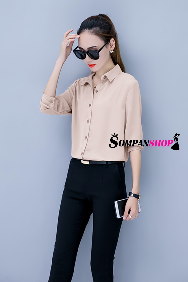 เสื้อเชิ้ตผู้หญิงสีครีม ผ้าชีฟอง แขนยาว กระดุมหน้า ใส่ทำงาน