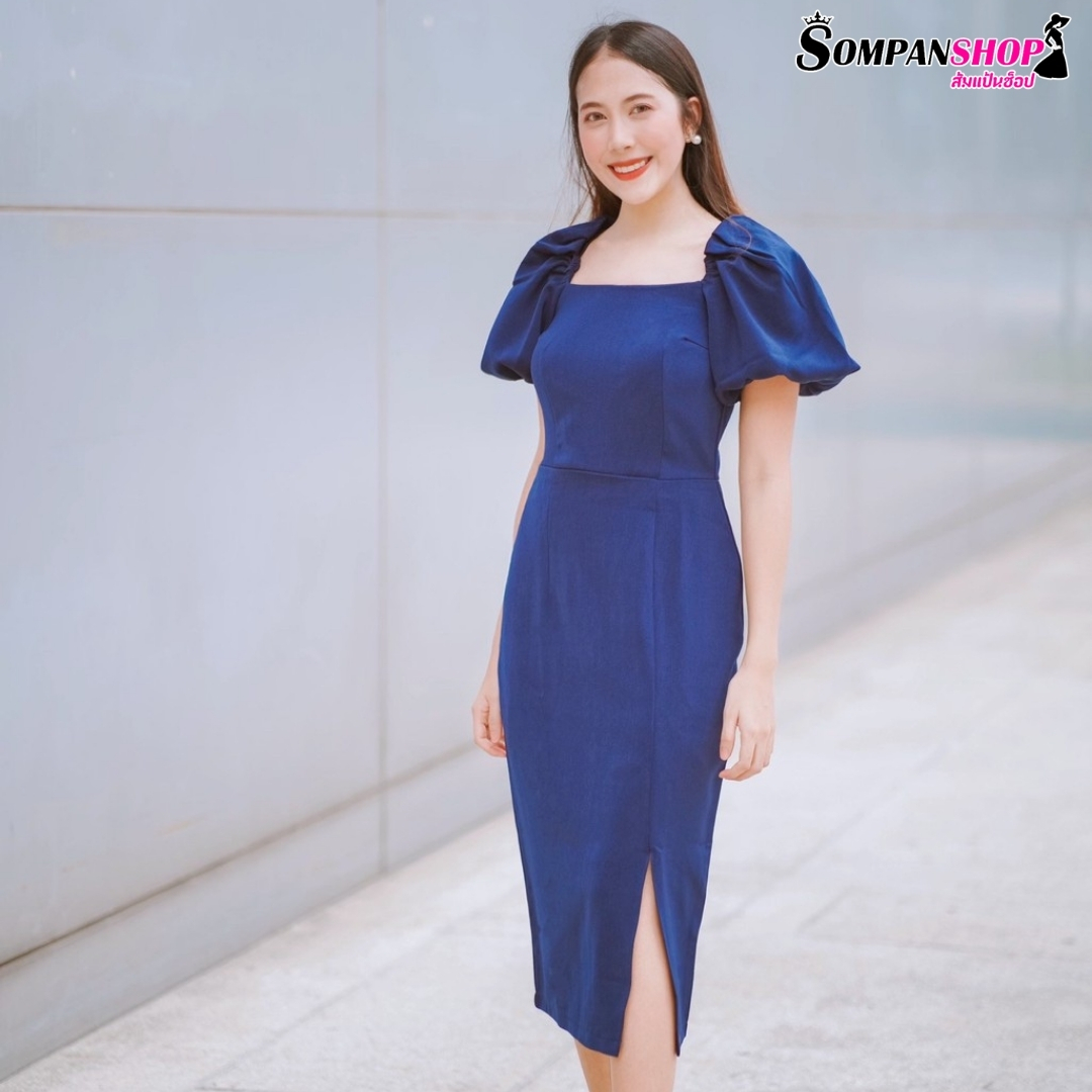 ชุดเดรสสั้นสีกรมท่า/น้ำเงิน แขนสั้นทรงบอลลูน ชุดทรงดินสอเข้ารูปสวย แนวเรียบหรู สวยดูดี ใส่ทำงาน ใส่ออกงาน ชุดไปงานแต่งงาน