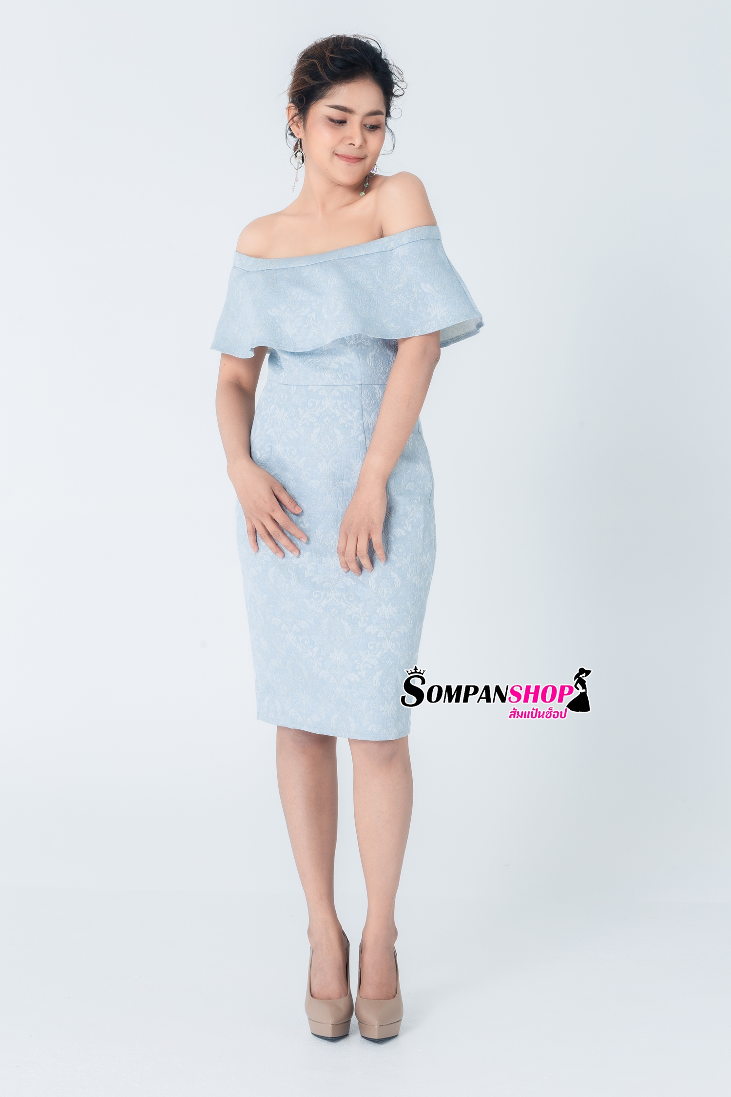 ชุดราตรี ชุดออกงาน ชุดไปงานแต่งงานสีฟ้า เปิดไหล่ ทรงตรง แนวเรียบหรู สวยสง่า ดูแพง