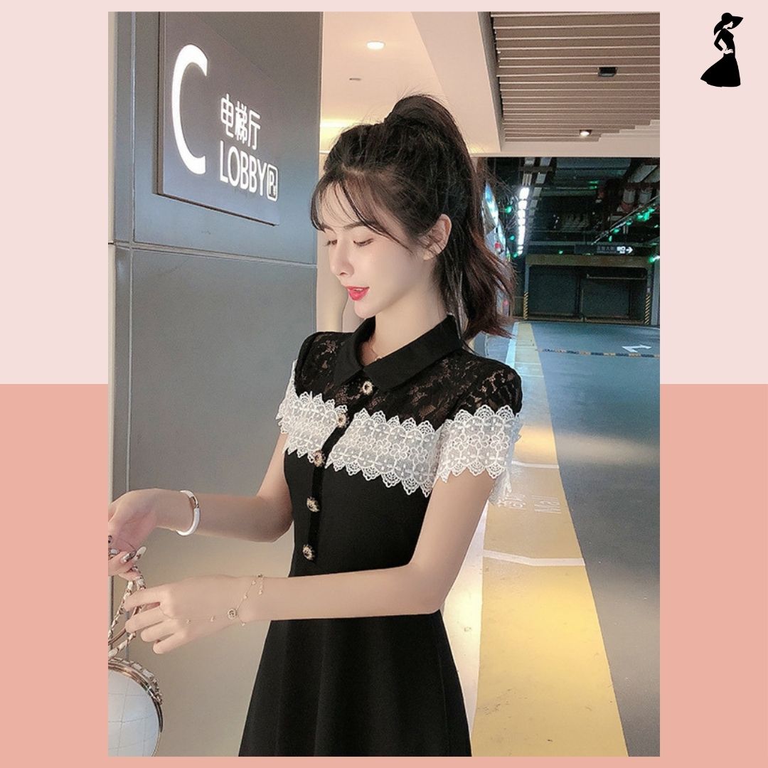 ชุดเดรสสั้นสีดำ แต่งลูกไม้ แนวเรียบร้อย สวยสุภาพ ใส่ทำงาน