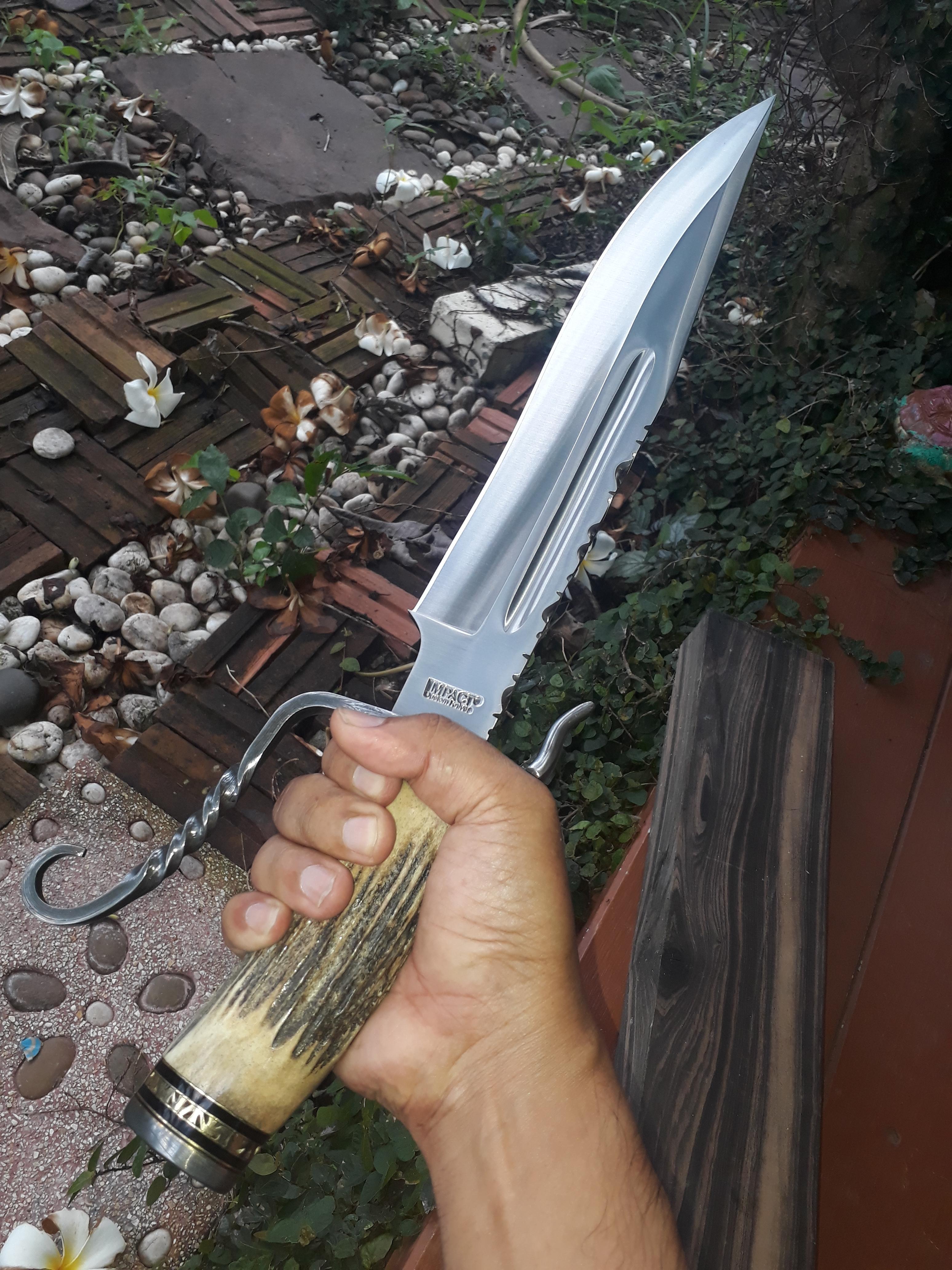 IMPACT CUTLERY RARE CUSTOM 1 OF A KIND BOWIE KNIFE STAG ANTLER DAMASCUS GUARD