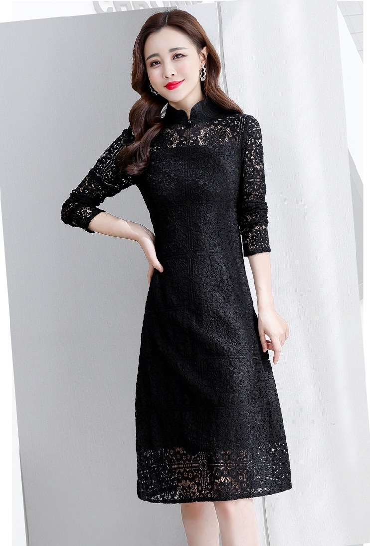 ชุดเดรสลูกไม้สีดำ คอจีน