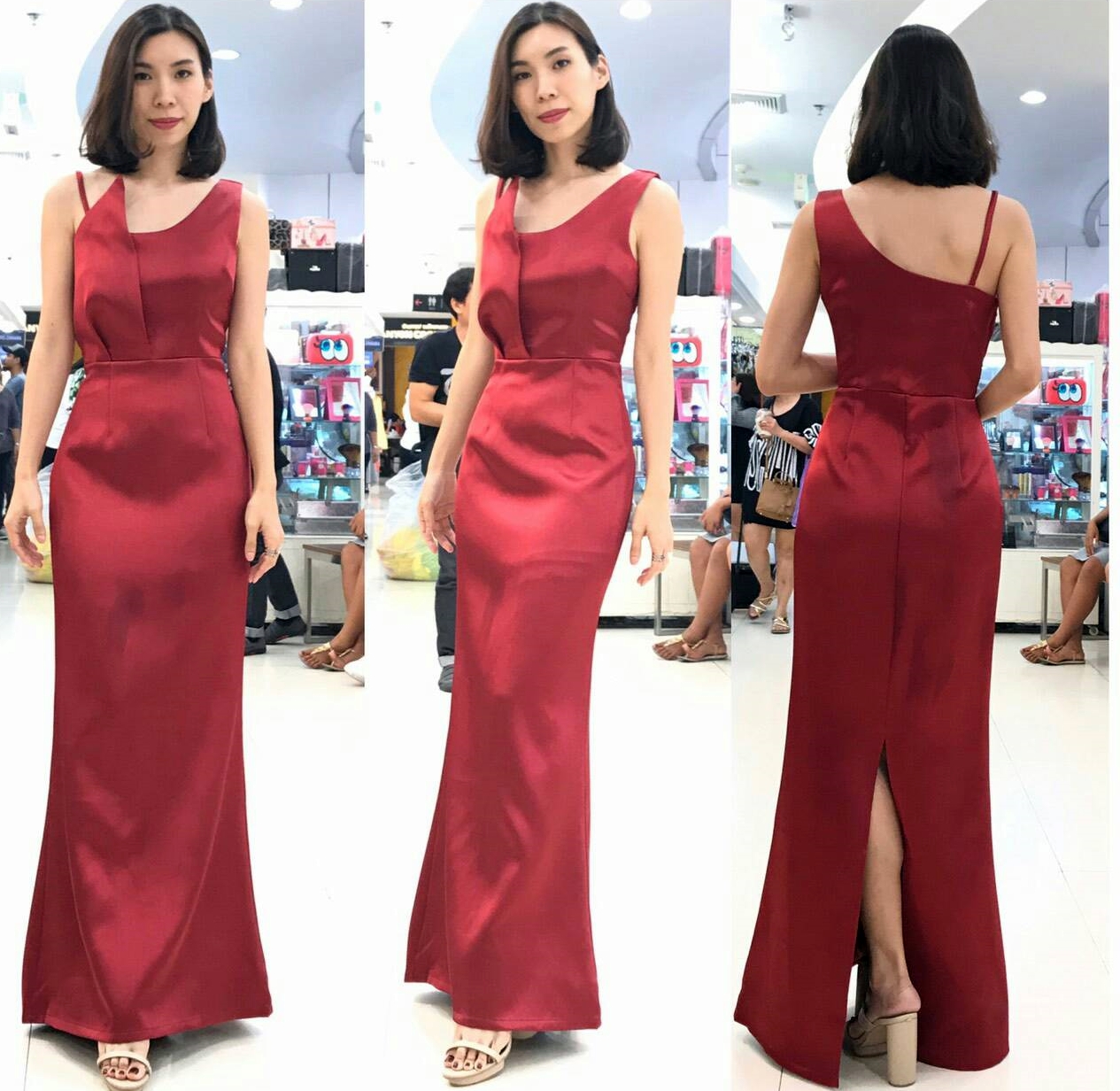 ชุดออกงานราตรียาวสีแดง คอเหลี่ยมแฉก สายเดี่ยว แขนกุด กระโปรงยาวทรงหางปลา