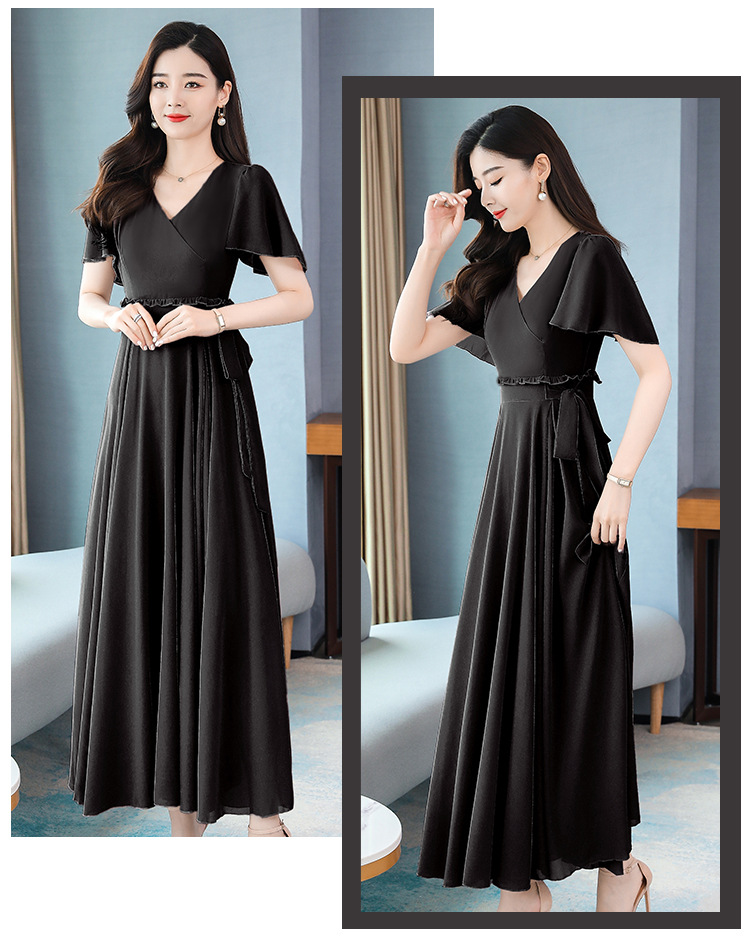 ชุดเดรสสีดำ แขนสั้น กระโปรงยาวคลุมเข่า แนวเรียบร้อย สวยสุภาพ ใส่ดูดี