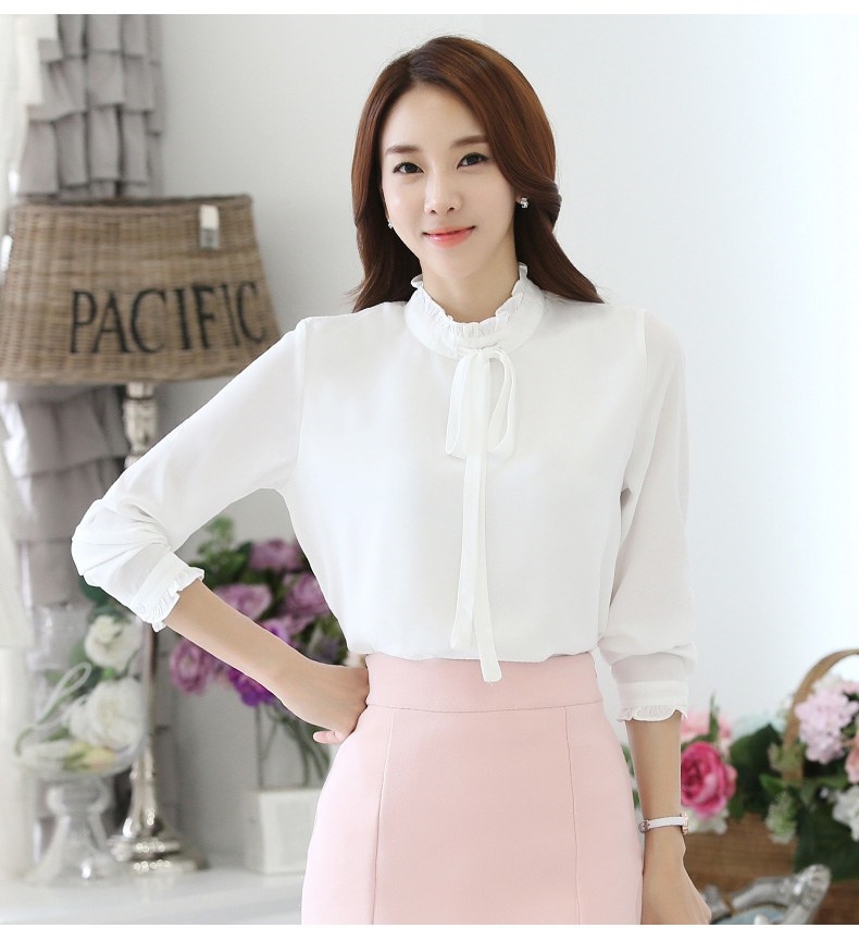 Sale เสื้อเชิ้ตผู้หญิงสีขาว แขนยาว ผ้าชีฟอง คอระบายผูกโบว์ ใส่ทำงาน เที่ยววันหยุด สวยๆดูดี