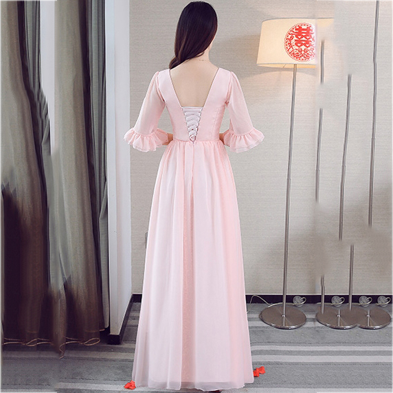 ชุดราตรียาวสีชมพูโอรส แขนสามส่วน ลุคเรียบๆ สวยสง่า ดูดี