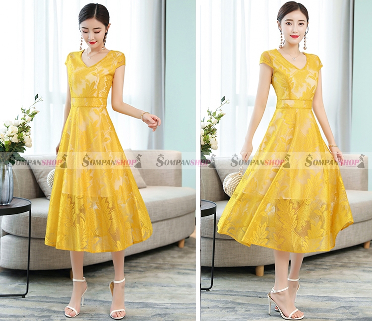 ชุดเดรสลูกไม้สีเหลือง แขนสั้น กระโปรงยาวคลุมเข่าทรงบาน แนวเรียบๆ สวยหวาน เรียบร้อย ดูดี : สินค้าพร้อมส่ง