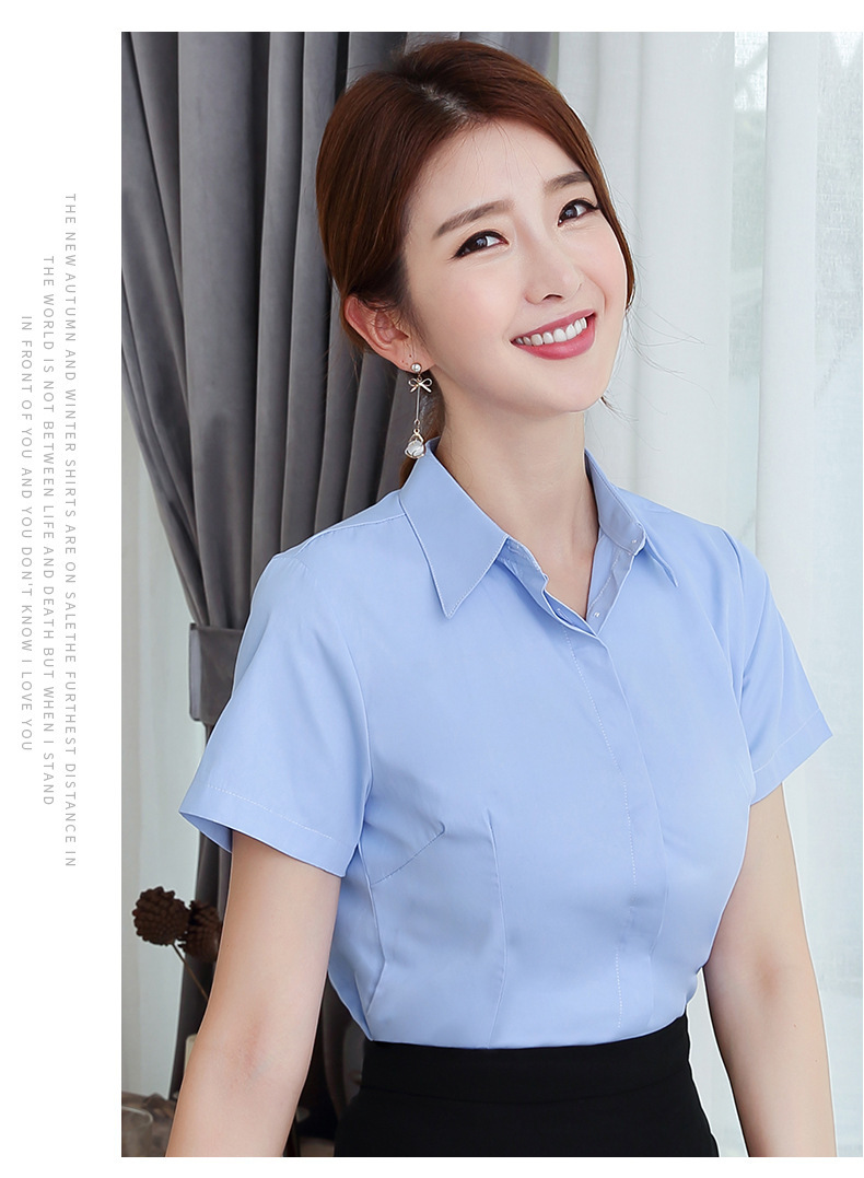 เสื้อเชิ้ตทำงานผู้หญิงสีฟ้าแขนสั้นผู้หญิง กระดุมหน้า ผ้าชีฟอง ใส่ทำงานได้