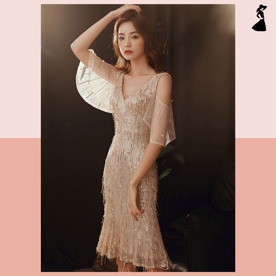 ชุดราตรี ชุดออกงาน ชุดไปงานแต่งงานสีครีมทอง ผ้าปักเหลื่อม เรียบหรู ดูแพง