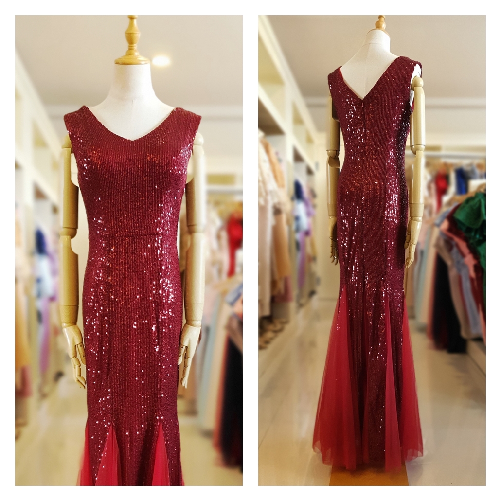 ชุดราตรี ชุดออกงาน ชุดไปงานแต่งงานสีแดง แขนกุดทรงหางปลา ผ้ากากเพชร สวยหรูแพง งานอลัง