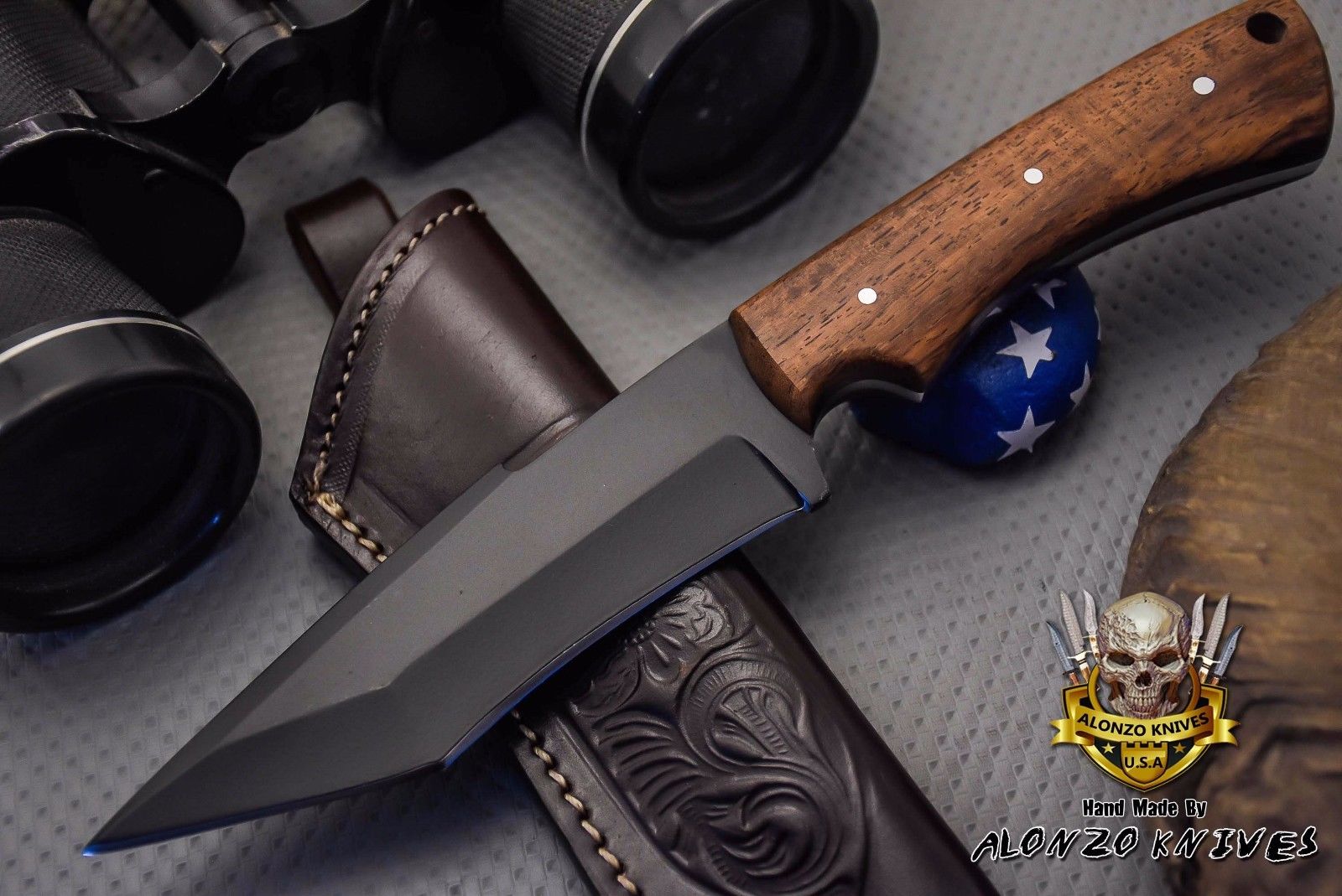 มีดHAND MADE BY ALONZO KNIVES USA CUSTOM TACTICAL TANTO 1095 KNIFE ROSE WOOD
