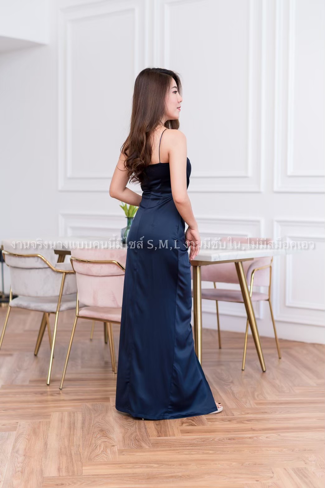 ชุดราตรี ชุดออกงาน ชุดไปงานแต่งงานสีกรมท่า เดรสยาวออกงานสายเดี่ยวเอวระบายสวยๆ