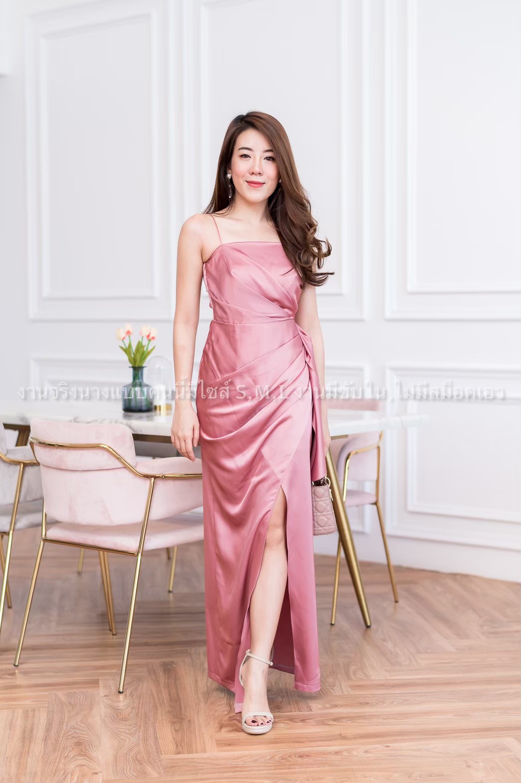 ชุดราตรี ชุดออกงาน ชุดไปงานแต่งงานสีชมพู เดรสยาวออกงานสายเดี่ยวเอวระบายสวยๆ แนวเรียบหรู