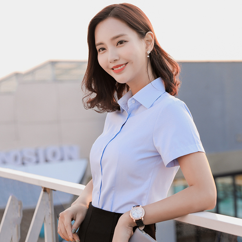 เสื้อเชิ้ตทำงานผู้หญิงสีฟ้าแขนสั้นผู้หญิง กระดุมหน้า ผ้าชีฟอง ใส่ทำงานได้