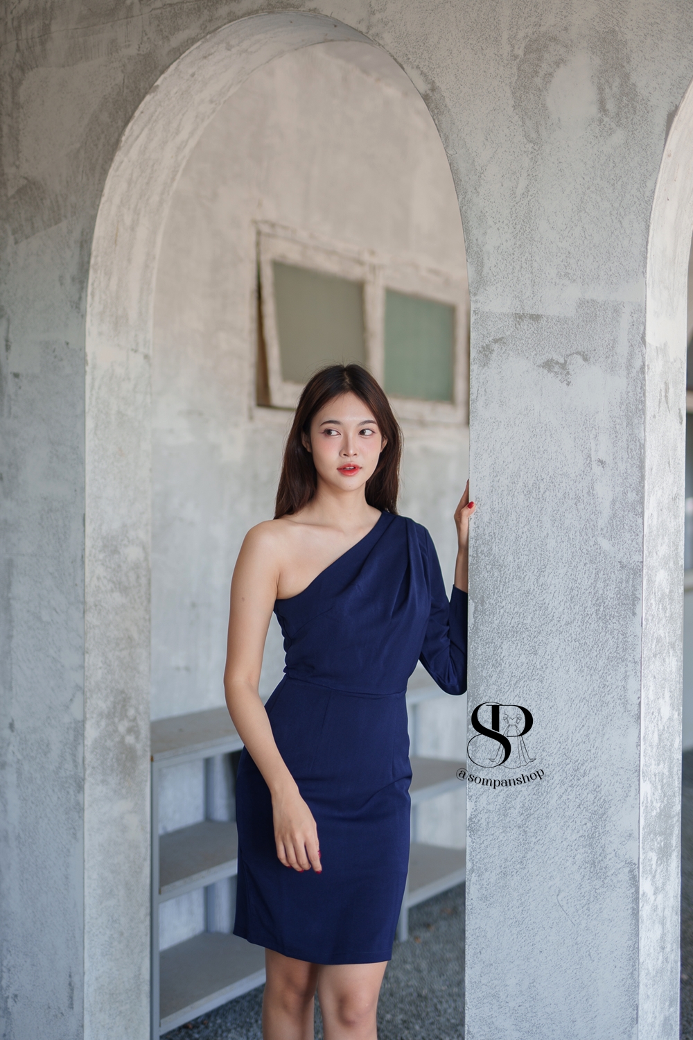 พร้อมส่ง !! ชุดไปงานแต่งงานสีน้ำเงินกรมท่า ไหล่เฉียงข้าง เรียบหรู สวย ดูดี ใส่เป็น ชุดราตรี ชุดออกงาน ชุดไปงานแต่งงาน กลางวัน กลางคืน