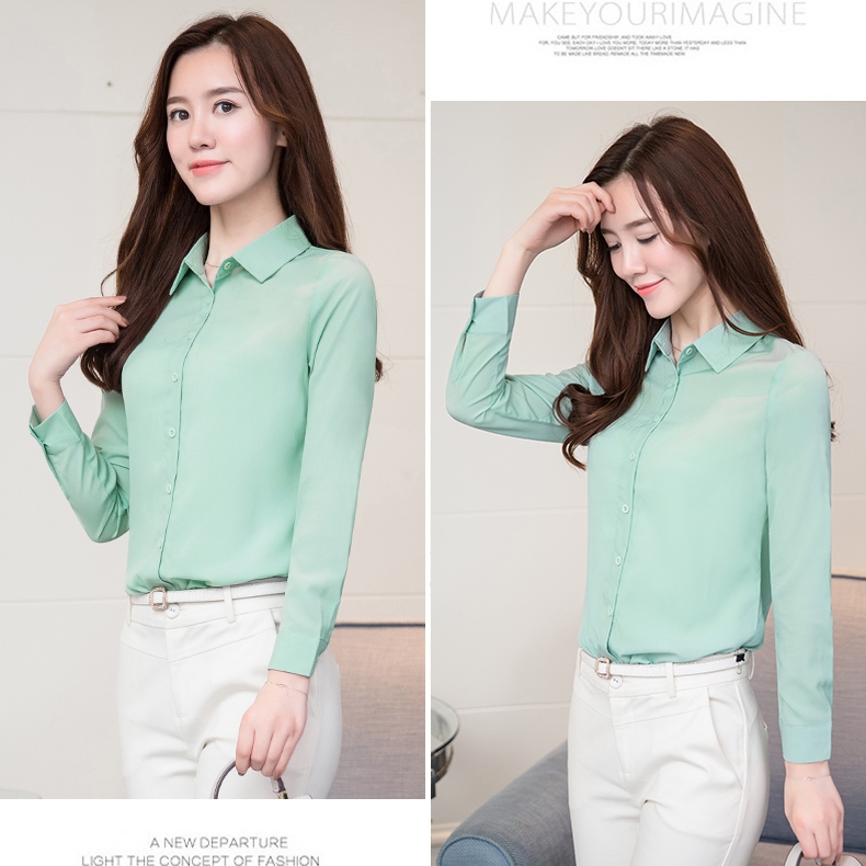 เสื้อเชิ้ตผู้หญิงสีเขียว แขนยาว แต่งกระดุมหน้า