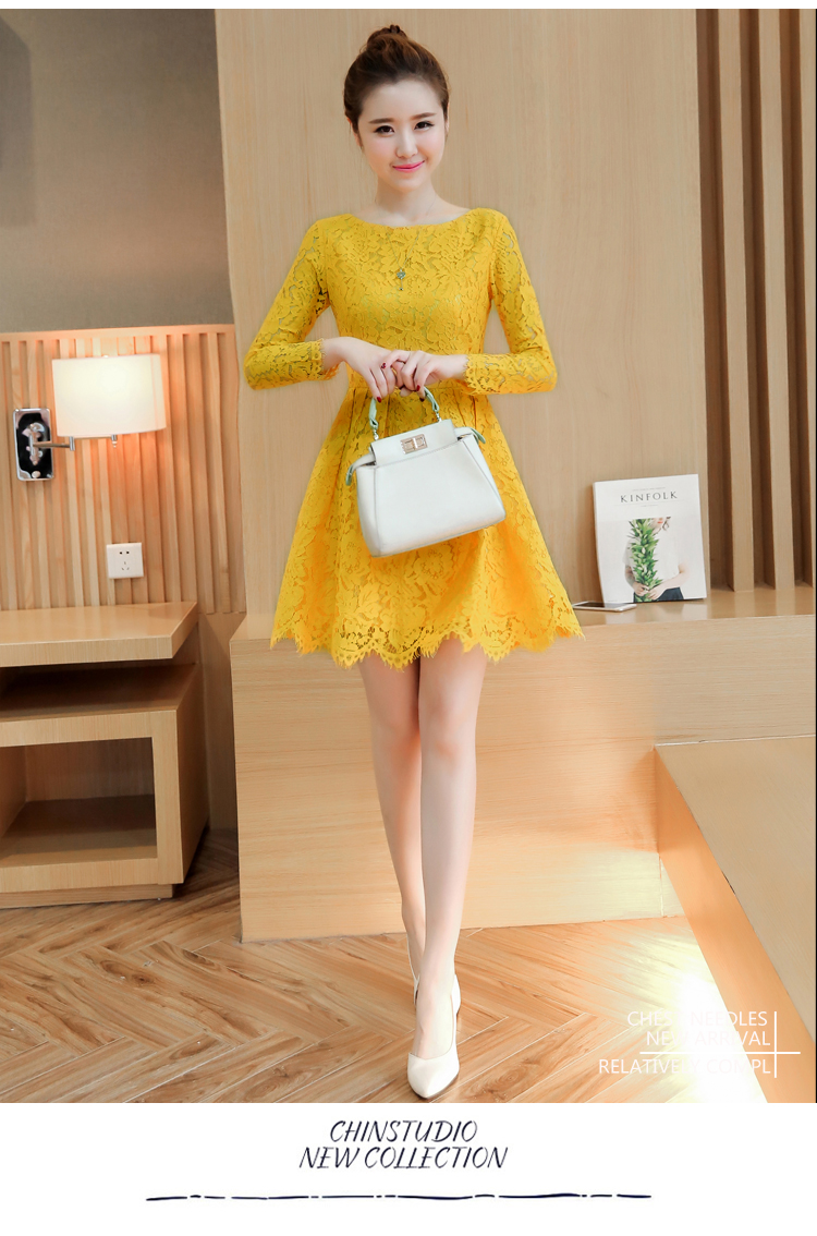ชุดเดรสลูกไม้สีเหลือง แขนยาว กระโปรงทรงบาน สวยหวาน เรียบร้อย ดูดี ( พร้อมส่ง )