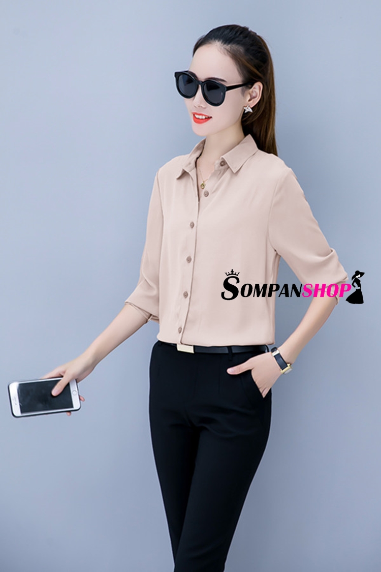 เสื้อเชิ้ตผู้หญิงสีครีม ผ้าชีฟอง แขนยาว กระดุมหน้า ใส่ทำงาน